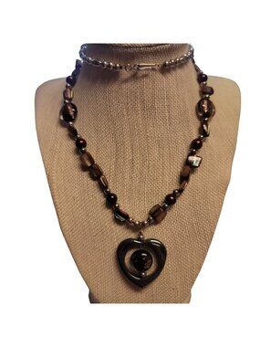 Hematite Heart Pendant Necklace With Abalone & Silver Accents Copper Glass Beads